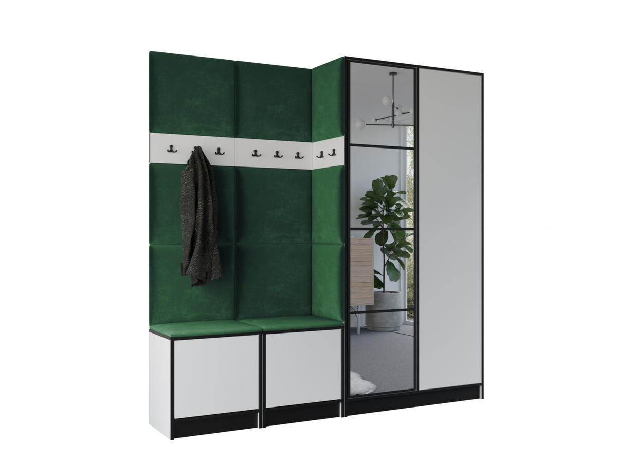 GARDEROBENSCHRANK EDEN 21 mit Spiegel - Weiß & Stoff Grün - Weiß/Grün, Holzwerkstoff (211/205/39cm) - Kier Furniture