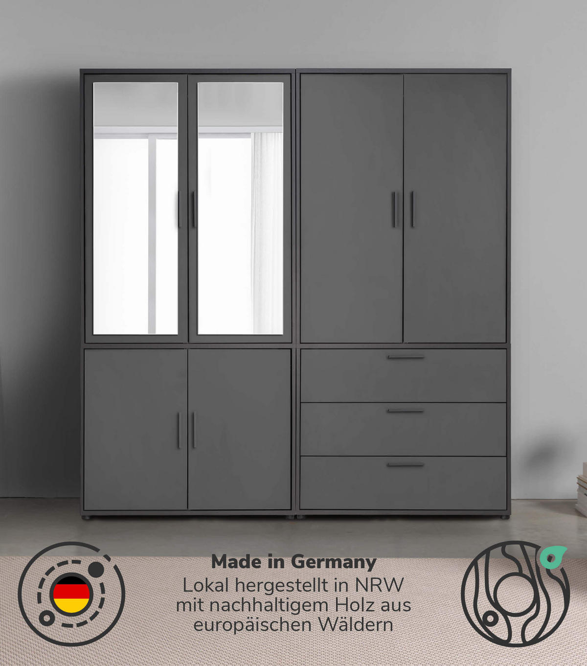 KLEIDERSCHRANK mit Spiegel Der Grenzenlose - Anthrazit, Holzwerkstoff (180/187/58cm) - Mokebo