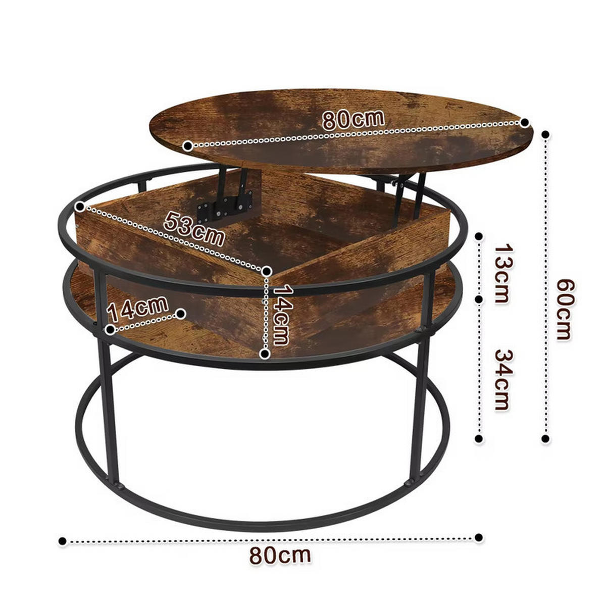 COUCHTISCH rund höhenverstellbar Landhausstil versteckter Stauraum Holz Grau - Grau, Holz (80/80/60cm) - Kaket