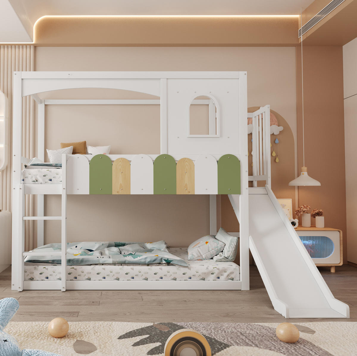 ETAGENBETT 90/200 cm Weiß mit Rutsche und hausförmigem Rahmen - Weiß, Holz (90/200cm) - Flora Grace