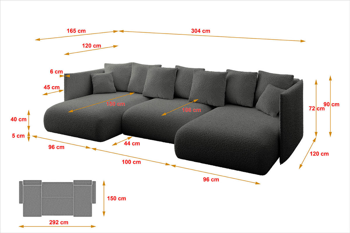 WOHNLANDSCHAFT mit Schlaffunktion und Bettkasten ONESK-U 304x165x40 Grau Bouclé - Grau, Holzwerkstoff/Kunststoff (304/90/165cm) - ALTDECOR