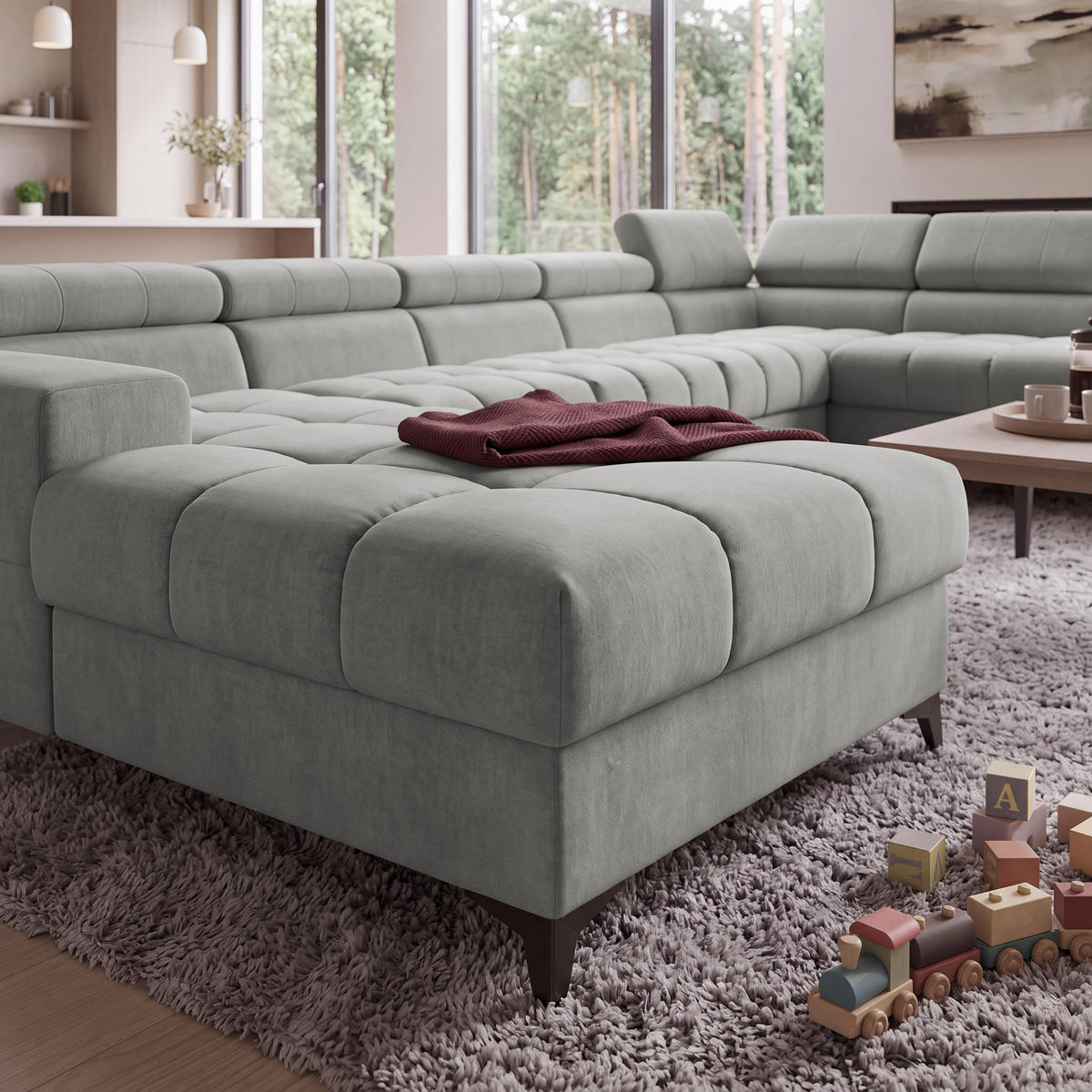 ECKSOFA PUDDING MAXI U Rechts mit Schlaffunktion 125x330 Velours Grau - Schwarz/Grau, Holz/Textil (421/203cm) - Muffo