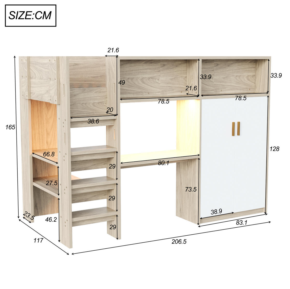 HOCHBETT 90/200 cm mit Schreibtisch, Kleiderschrank, Regal, LED und Lattenrost aus Holzwerkstoff, Naturfarben/Weiß - Naturfarben, Holzwerkstoff (90/200cm) - Redom