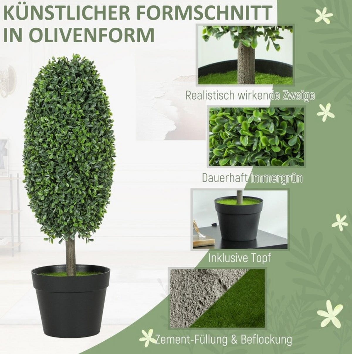 KUNSTPFLANZEN 17,5/17,5/60 cm grün aus Kunststoff UV-beständig im Topf - Grün, Kunststoff (60cm) - OKWISH