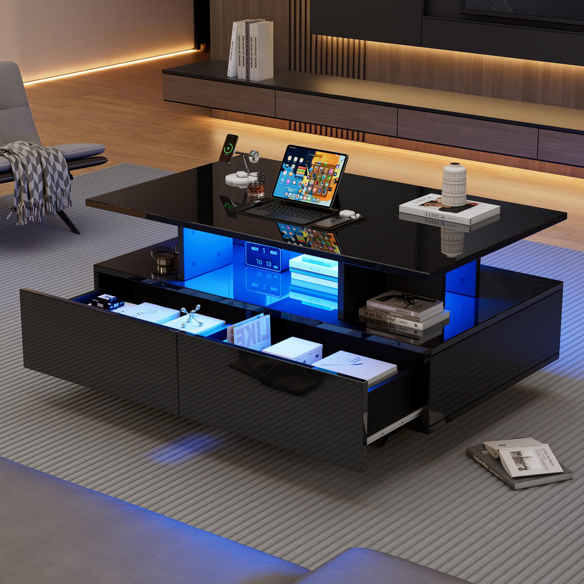 COUCHTISCH Schwarz 90/55/41 cm mit LED-Beleuchtung - Schwarz, Holzwerkstoff (55/90/41cm) - PANGIVO