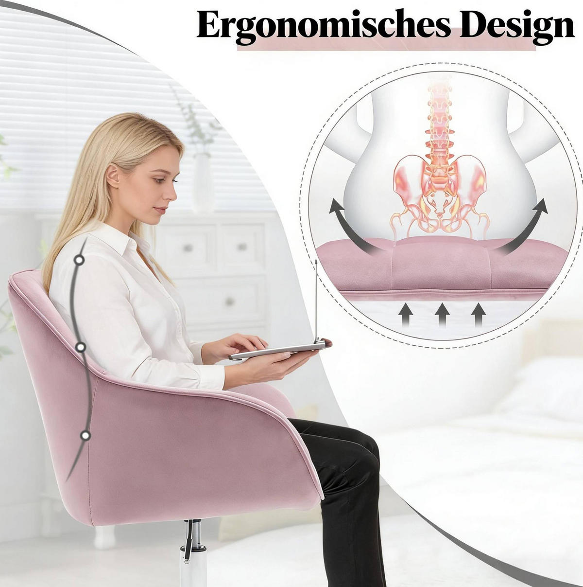 BÜROSTUHL höhenverstellbar drehbar Samt Pink - Pink, Metall (40.5/40/61cm) - Meubliv