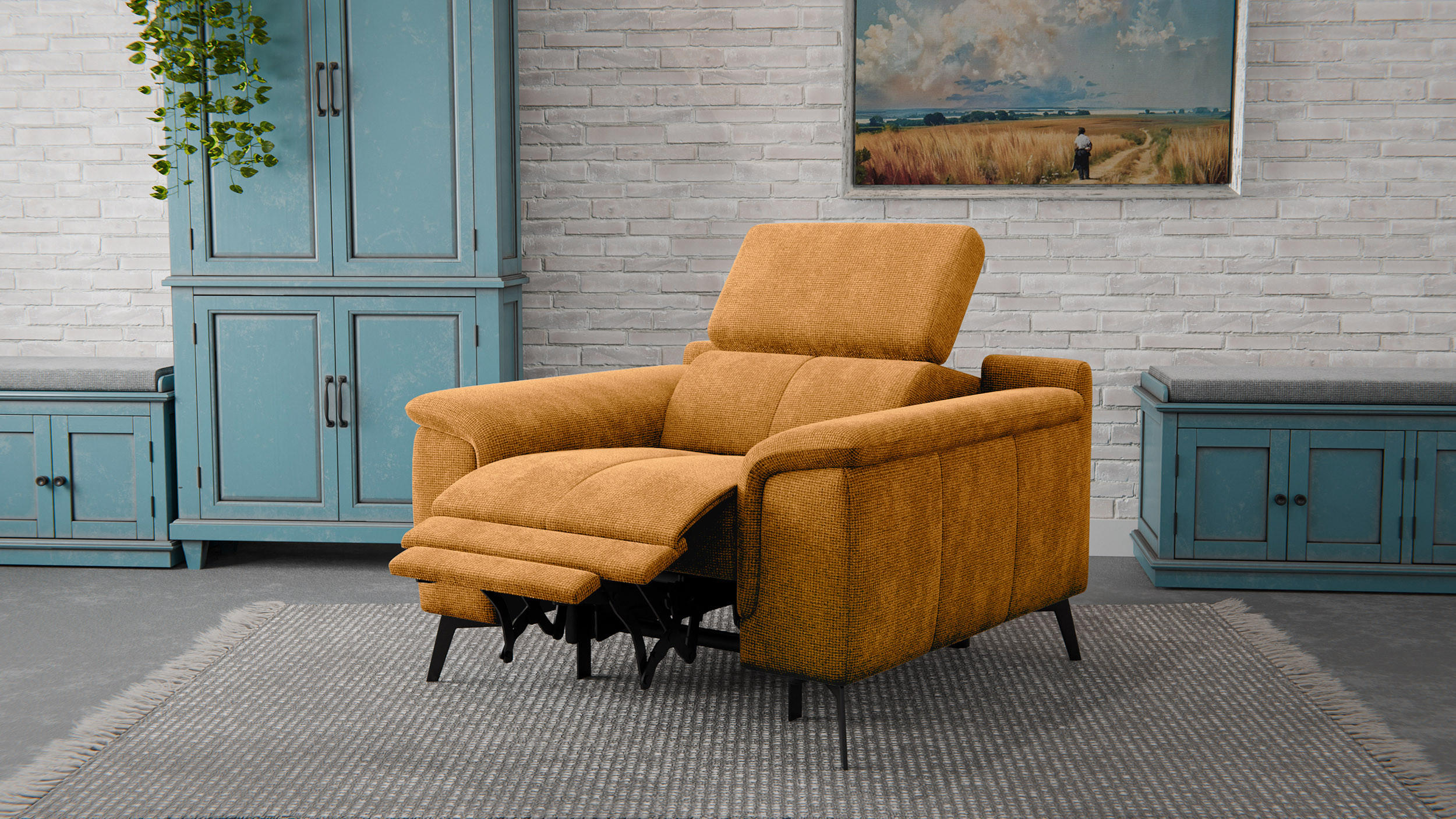 SESSEL FIERO mit Relaxfunktion, orange - Schwarz/Orange, Holzwerkstoff/Textil (114/82/103cm) - Courtois Laville
