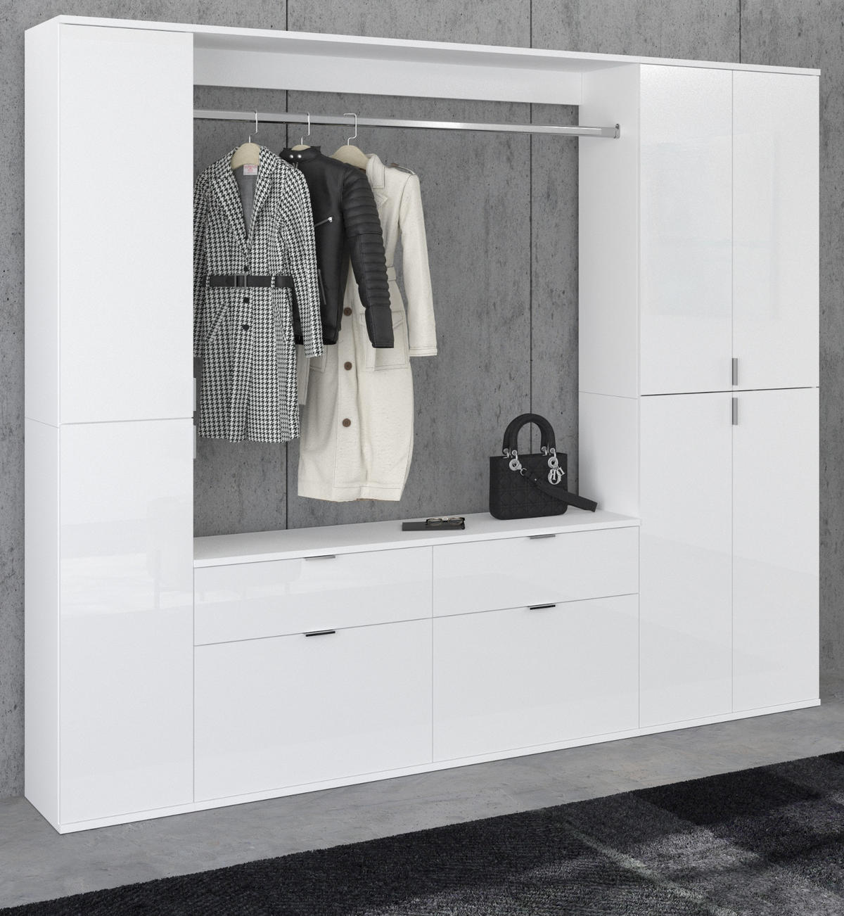 GARDEROBENSCHRANK weiß Hochglanz 212 cm, 21 Fächer, Schuhschrank - Chromfarben/Weiß Hochglanz, Holzwerkstoff/Metall (212/193/34cm) - Inn.Furn