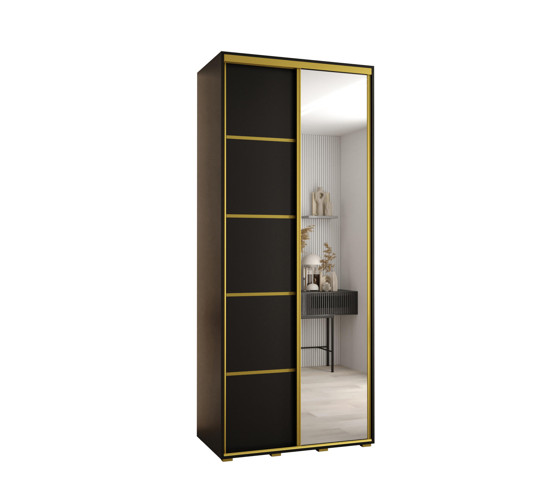Abiks Möbel Schwebetürenschrank Schwarz, Schwarz, Gold 110x235x60 cm