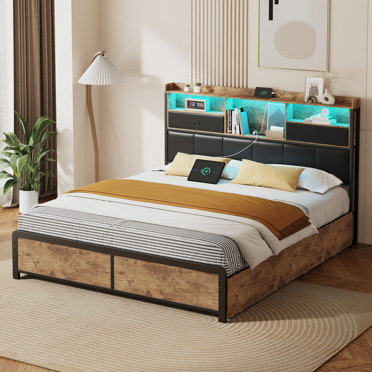 POLSTERBETT mit Schubladen und LED Metallrahmen Doppelbett - Schwarz, Holz (140/200cm) - PARAFTA HOME