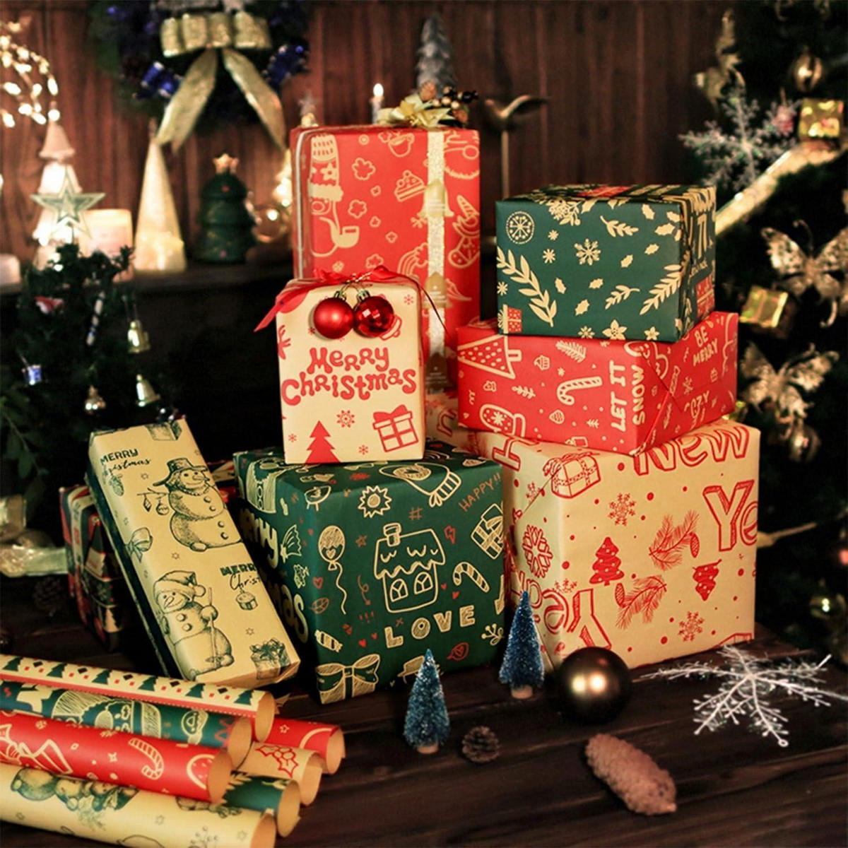 GESCHENKPAPIER Set Weihnachten 8 Blatt 70x50cm Kraft Rot Grün Bunt - Multicolor, Papier (50/1/70cm)