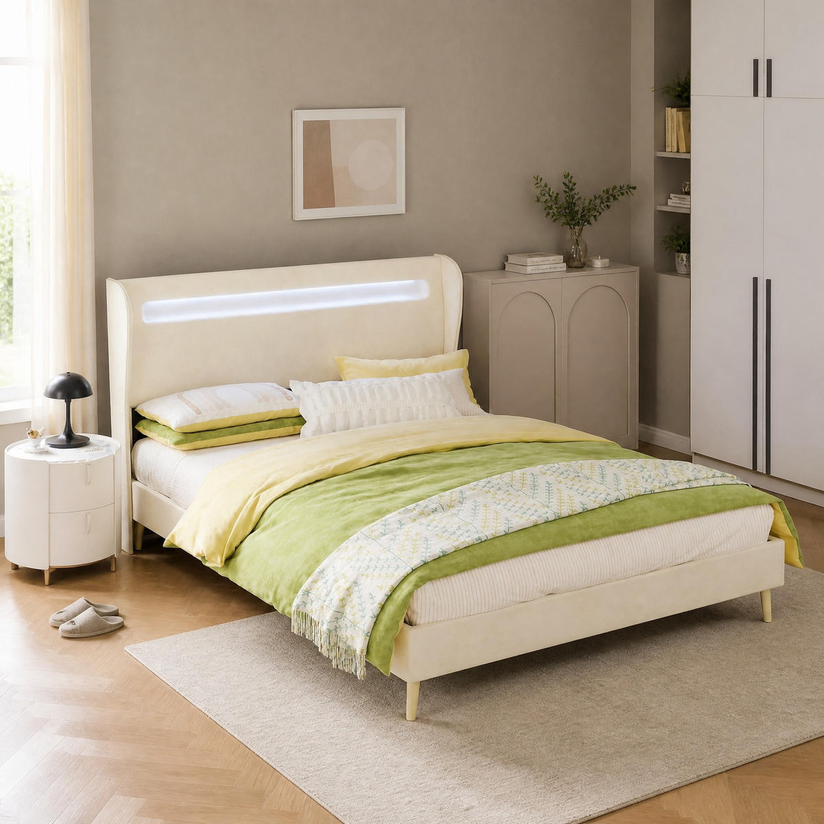 POLSTERBETT 140/200 mit LED und verstellbarem Kopfteil in Beige - Beige, Holzwerkstoff/Textil (140/200cm) - EVRYAE