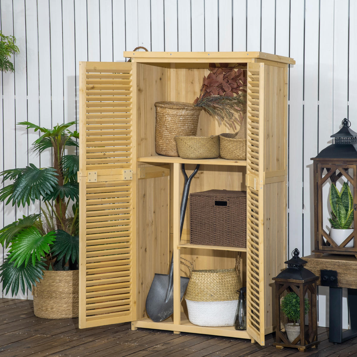 GARTENSCHRANK Geräteschrank, Holz Geräteschuppen, mit Asphaltdach, 4 Fächer, Natur - Fichtefarben, Holz (465/160/87cm) - Outsunny