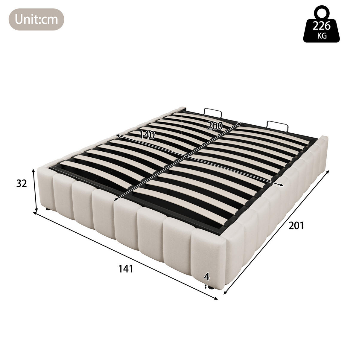 POLSTERBETT mit Bettkasten 140/200 cm in Beige, ohne Kopfteil - Beige, Textil (140/200cm) - BEAOK
