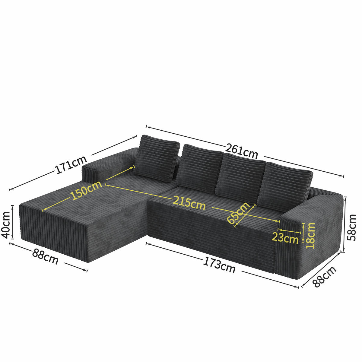 ECKSOFA Cord Grau Ohne Montage - Grau, Textil (261/168cm) - WISHDOR