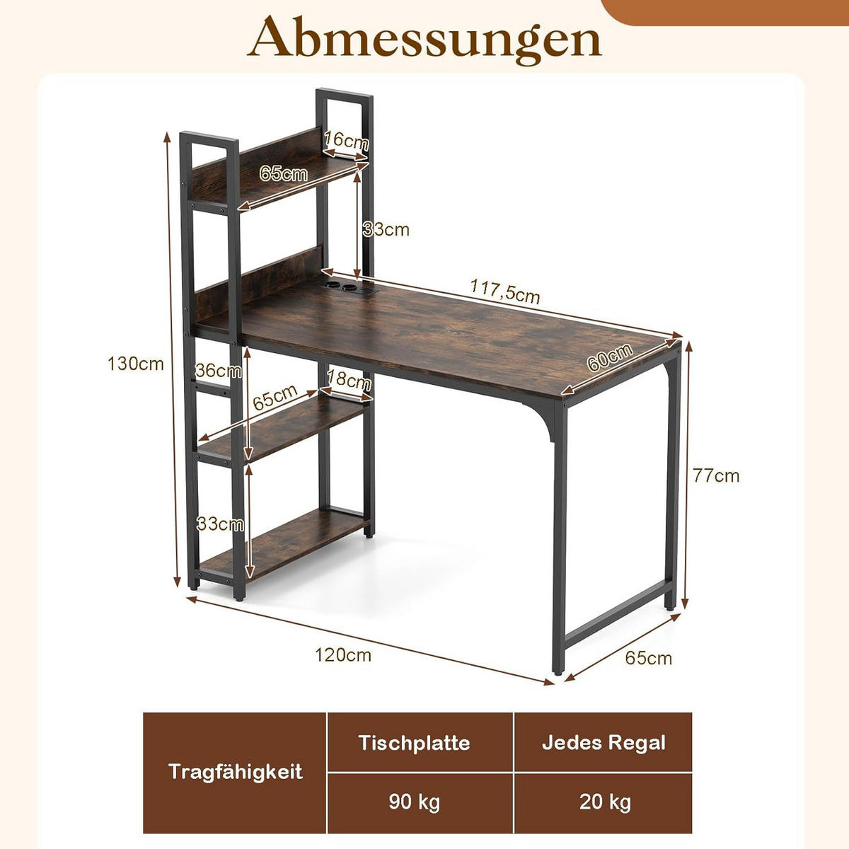 DATORBORD Brunt - Brun, Träbaserade material (65/120/130cm) - COSTWAY