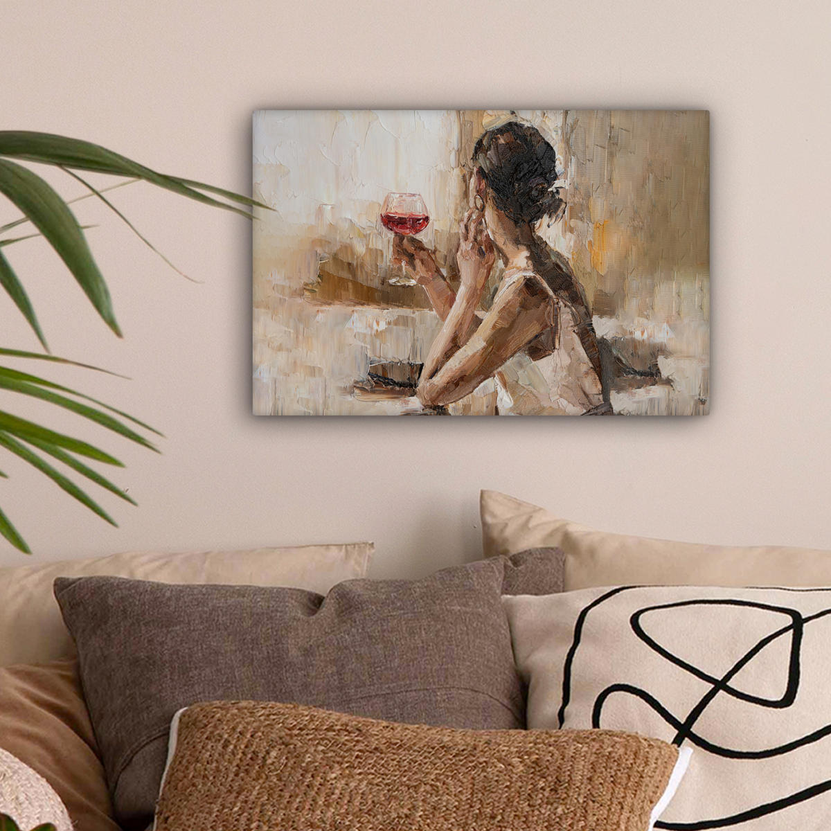 LEINWANDBILD Ölgemälde - Frau - Wein 30x20 cm - Hellbraun, Textil (30/20cm) - MuchoWow