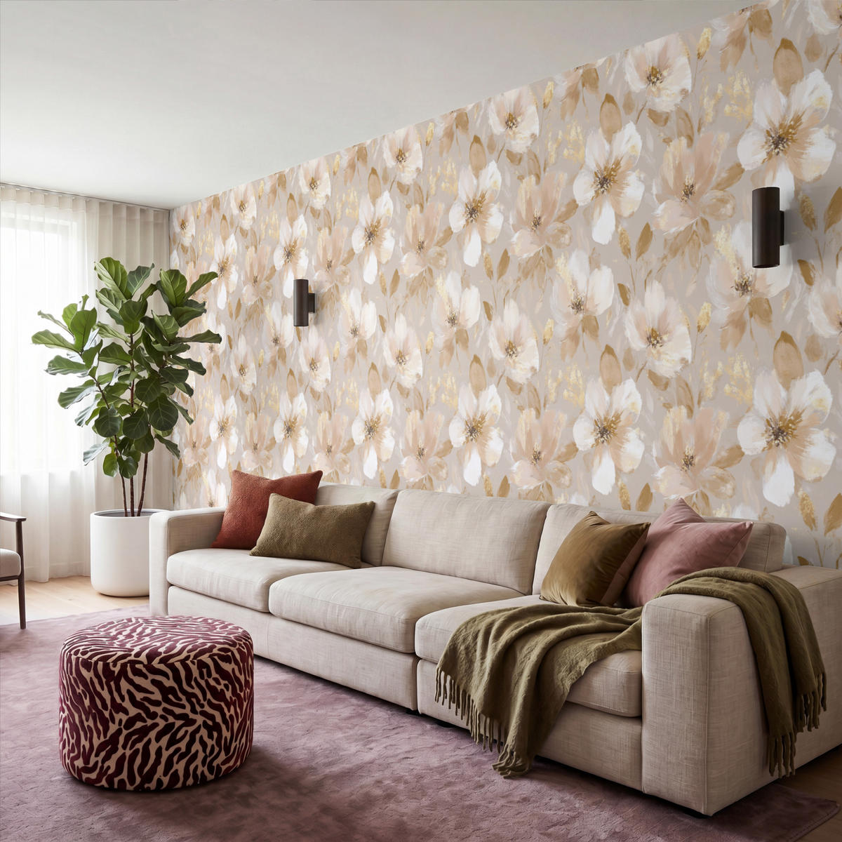 TAPETE - Blumen - künstlerisch - Gold - 500x200 cm - Beige, Papier (500/200cm) - OnlyWow