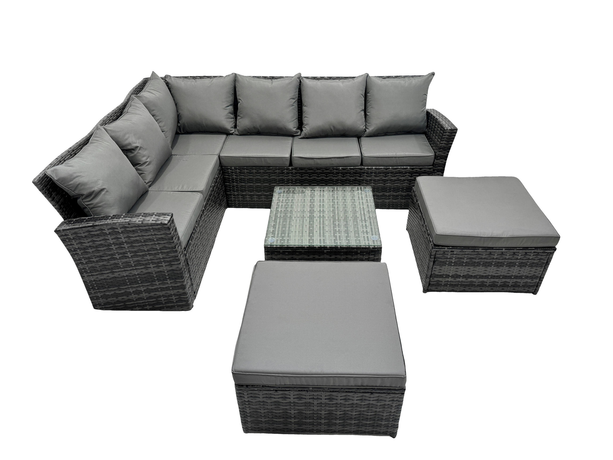 BALKONMÖBEL-SETS mit Ecksofa,Quadratischer Couchtisch,2 Sesseln Polyrattan Dunkelgrau 8-Sitzer - Dunkelgrau/Grau, Glas/Kunststoff - Fimous