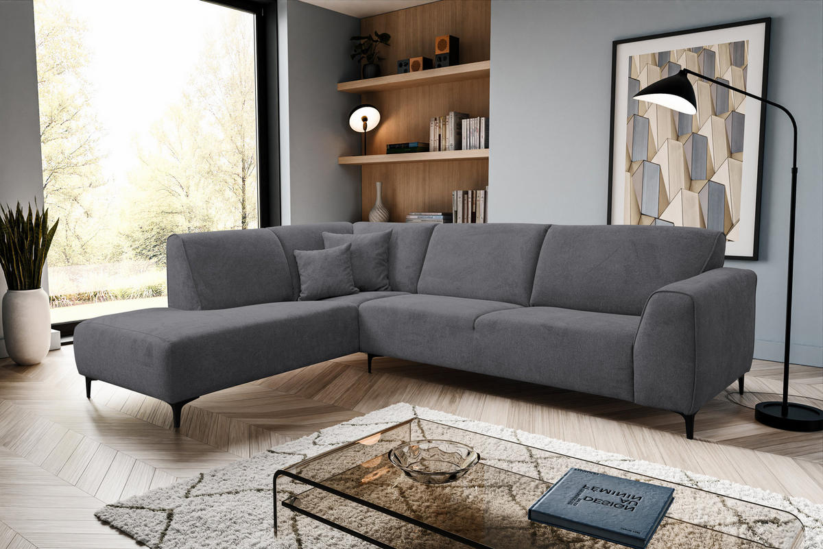 ECKSOFA Mula in L-Form, Coach Farbe: Grau, Velourstoff, Ottomane Links - Grau, Textil (210/274cm) - VENASI MÖBEL