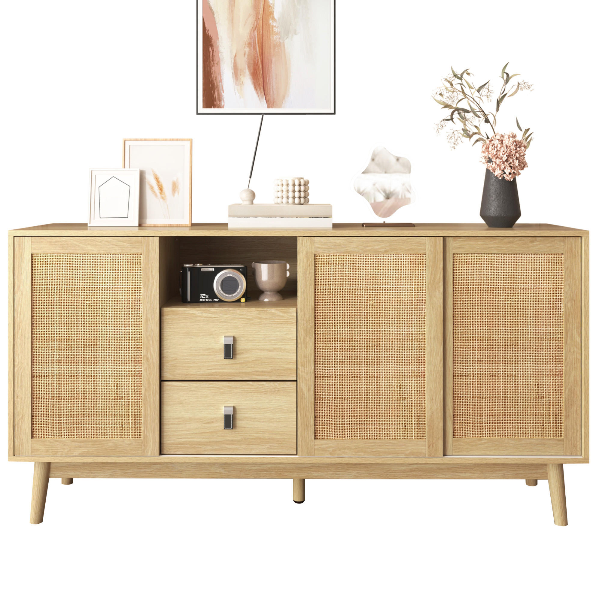 SIDEBOARD 155/38/80 cm aus MDF und Spanplatte mit Rattanschiebetüren und 2 Schubladen Holzfarben - Naturfarben, Holzwerkstoff (155/80/38cm) - Modenvie