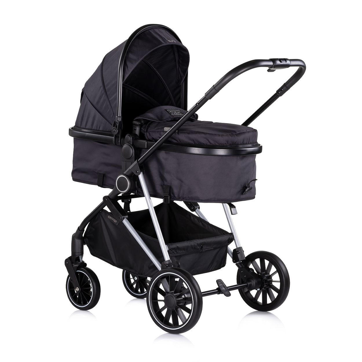 KINDERWAGEN Aura 2 in 1 schwarz gemustert umbaubar Wickeltasche Sitz umkehrbar bis 22 kg - Schwarz, Metall (98/60/106cm) - Chipolino