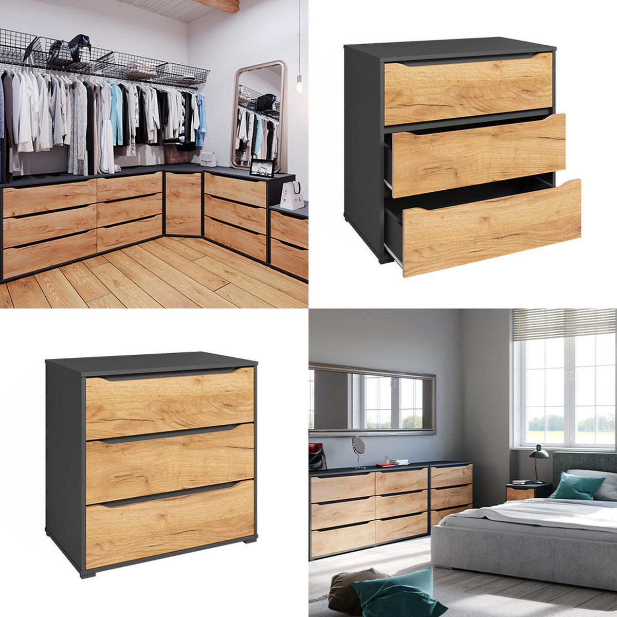 KOMMODE Ruben Goldkraft Eiche 80 x 77.6 cm mit Schubladen - Anthrazit/Eiche Wotan, Holzwerkstoff (48/77.6/80cm) - Vicco