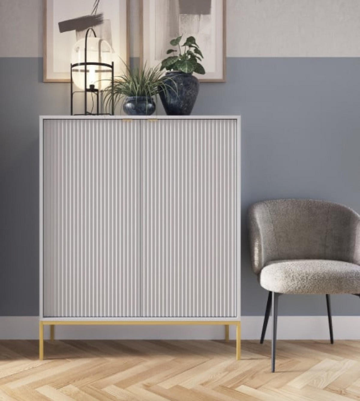 KOMMODE Grau K104 Geriffelt Goldfarben - Grau, Holzwerkstoff (104/125/39cm) - Sepro Meble