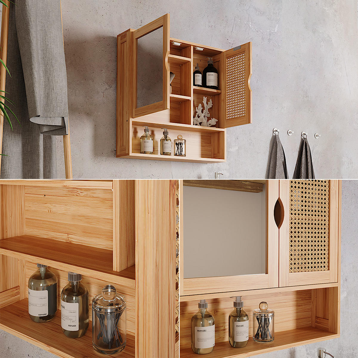 KÚPEĽŇOVÁ ZRKADLOVÁ SKRINKA Liora Bambus/ratan - zelená, kompozitné drevo (56/58/13cm) - Vicco