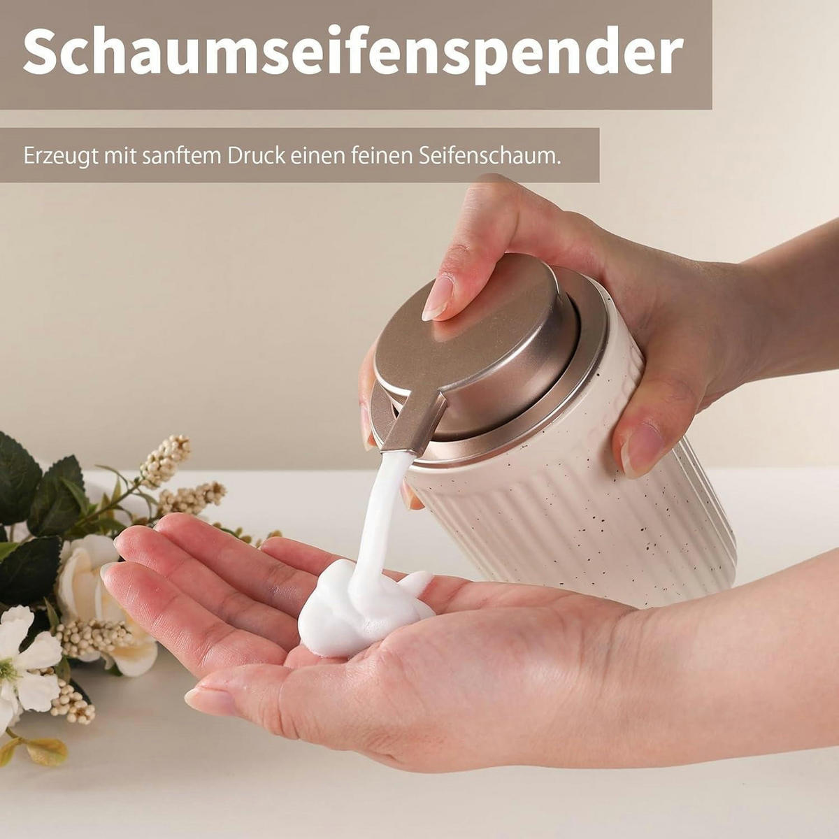 SEIFENSPENDER Keramik 350ml Streifen Beige & Rosa - Beige, Keramik (8/14/8cm)