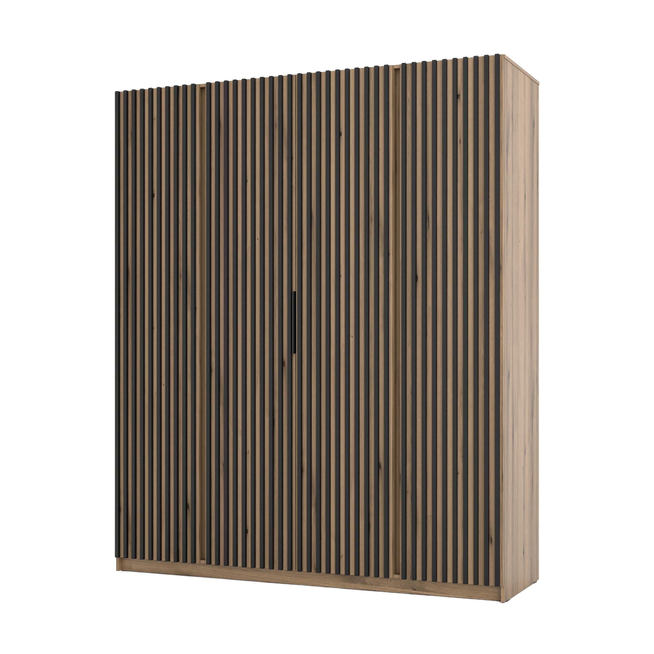 KLEIDERSCHRANK Nehir Korpus Eiche Evoke, Front Eiche Evoke/Schwarz 200 cm - 4T Modern mit 4 Lamellentüren - Eichefarben, Holzwerkstoff/Kunststoff (200/239/61.9cm) - AX Living