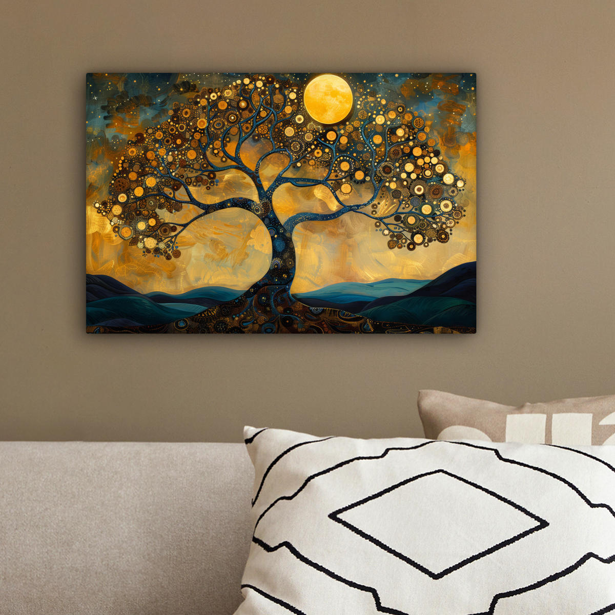 LEINWANDBILD Baum - Mond - Blumen - Gold - Kunst 30x20 cm - Orange, Textil (30/20cm) - MuchoWow