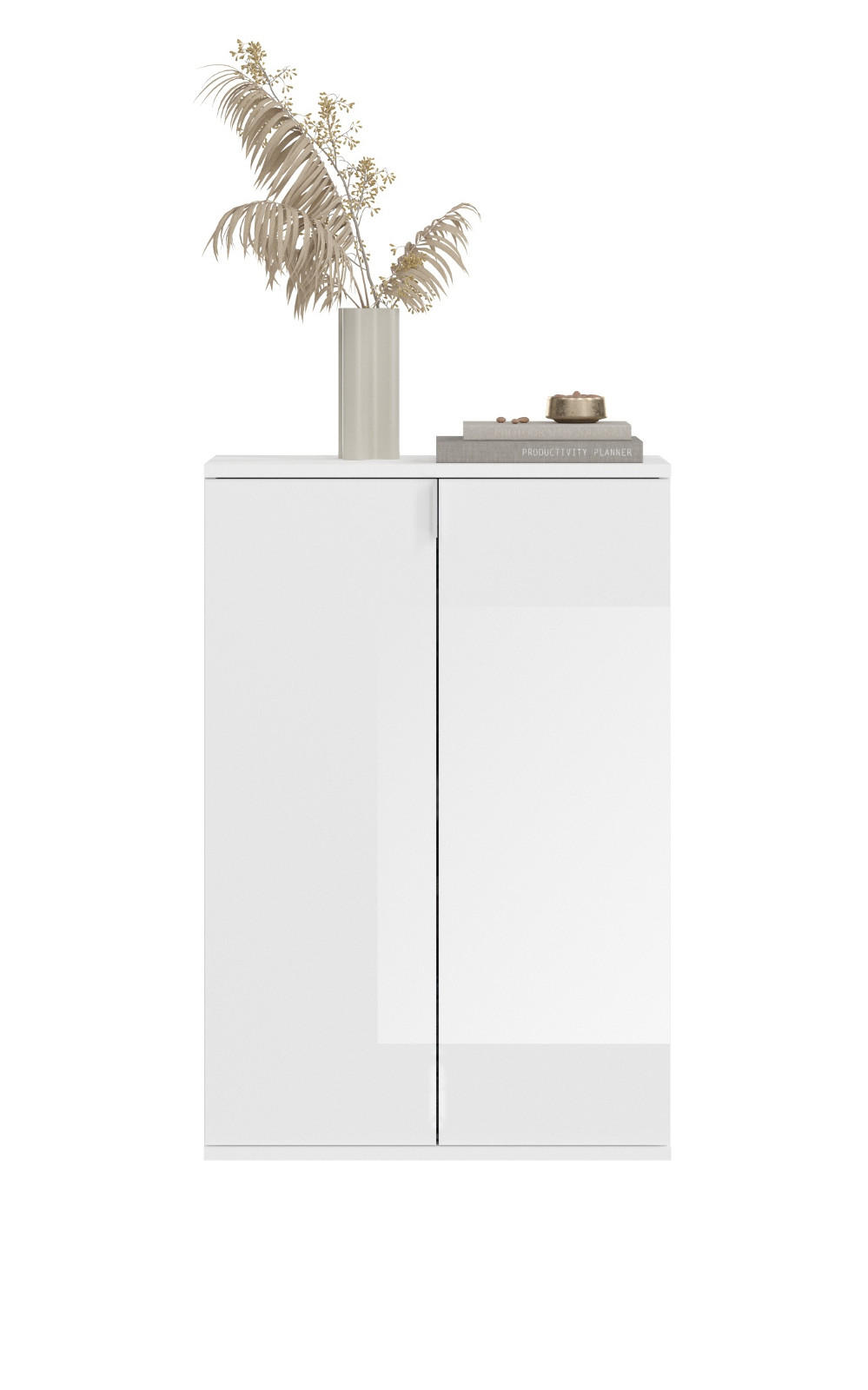 KOMMODE weiß Hochglanz 61 cm 2-türig, Mehrzweckschrank mit 6 Fächern, Garderobenmöbel - Weiß Hochglanz/Silberfarben, Holzwerkstoff/Kunststoff (61/99/34cm) - Inn.Furn