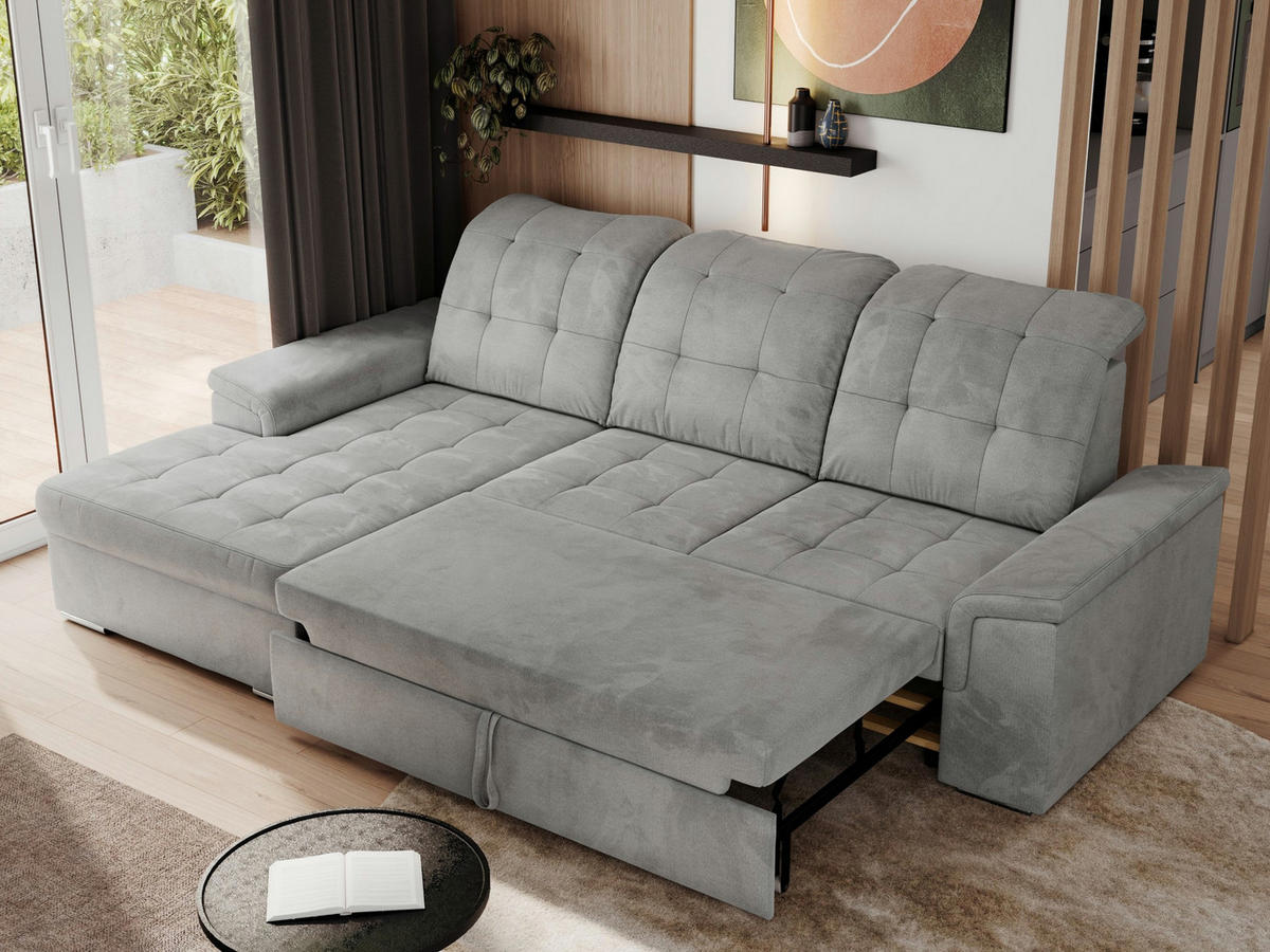 ECKSOFA MADRITO L - Hellgrau Velorus - Links - Silberfarben/Hellgrau, Textil/Metall (160/256cm)