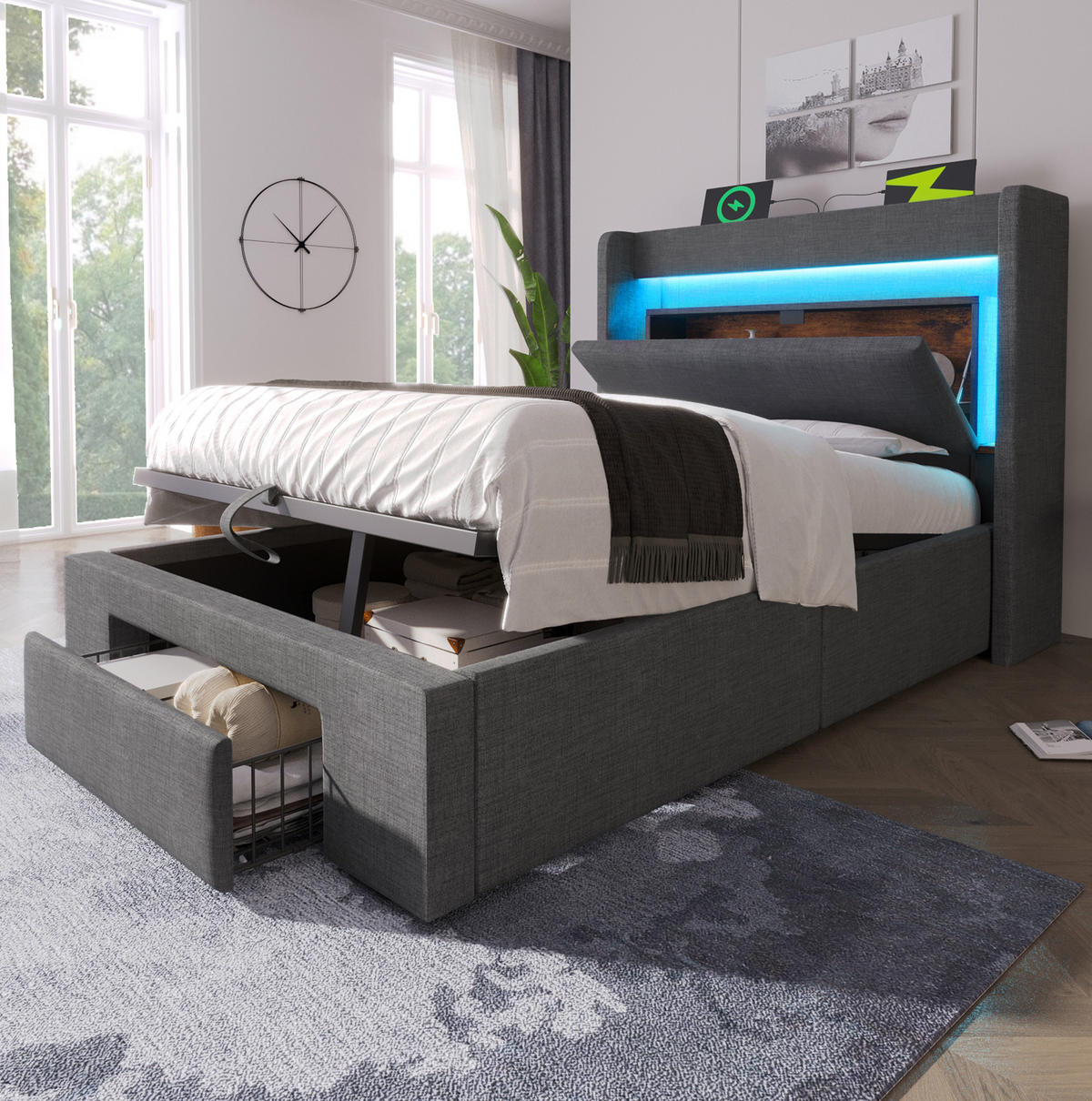BETT mit Stauraum & LED 90x200 cm Leinen Grau - Grau, Metall (90/200cm) - Meubliv