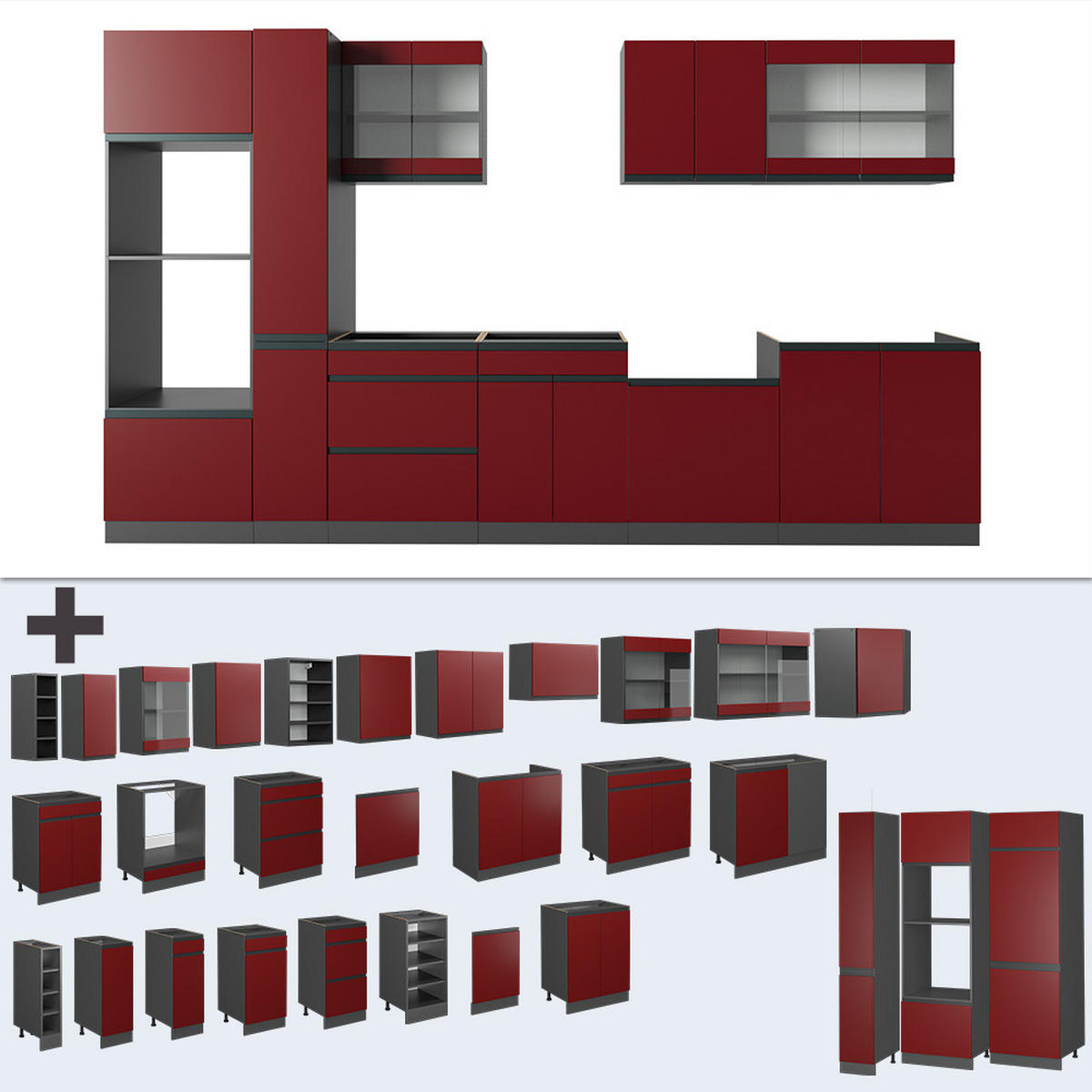 KÜCHENZEILE R-Line Rot/Anthrazit 350 cm J-Shape mit Hochschrank ohne AP - Rotbraun/Anthrazit, Holzwerkstoff (350/81.6/46cm) - Vicco