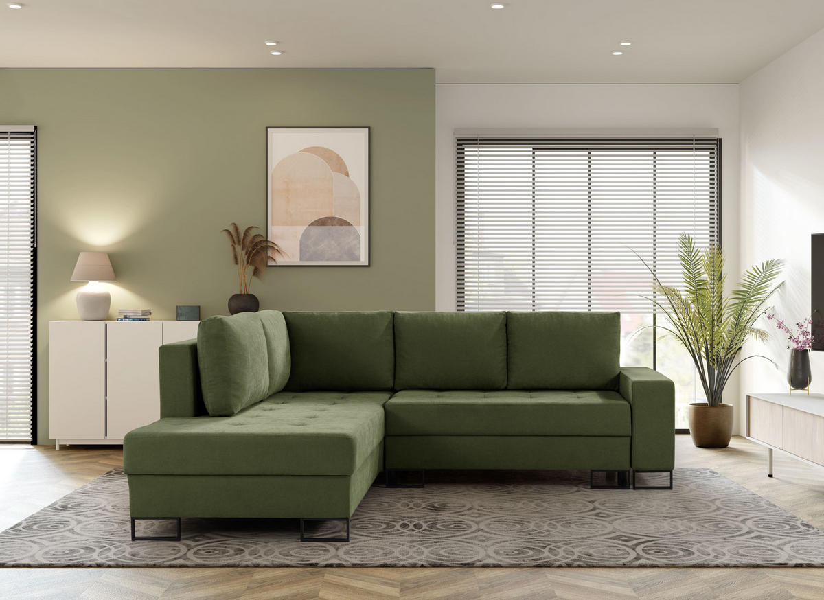 ECKSOFA mit Schlaffunktion Links Grün Chenille - 245x200 cm - Trevi - Schwarz/Grün, Holz/Holzwerkstoff (245/200cm) - Ravio