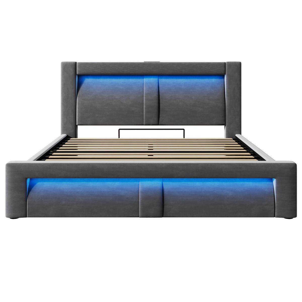ČALÚNENÁ posteľ 160/200 cm s LED osvetlením, USB a USB-C, hydraulickým úložným priestorom, zamatovým čelom, Sivá - sivá, textil (160/200cm) - Redom