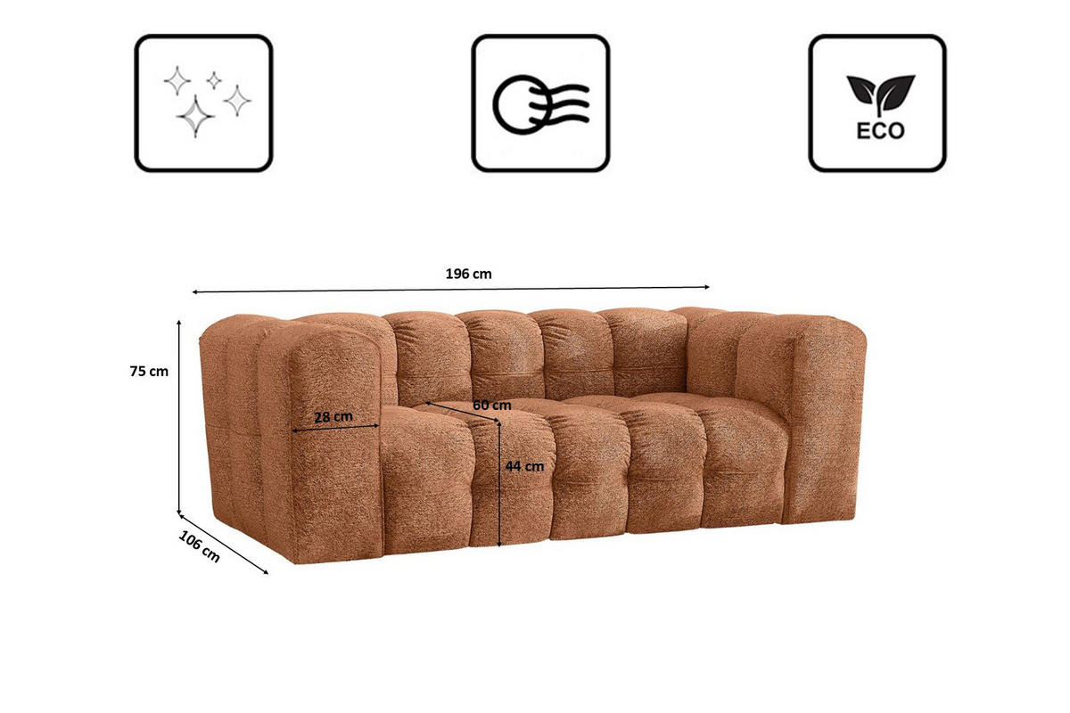 SOFA 2-Sitzer, Komfort, BALOO, stoff Schenille & Bouclé, Orange - Orange, Holz (196/75/106cm) - Kaiser Möbel