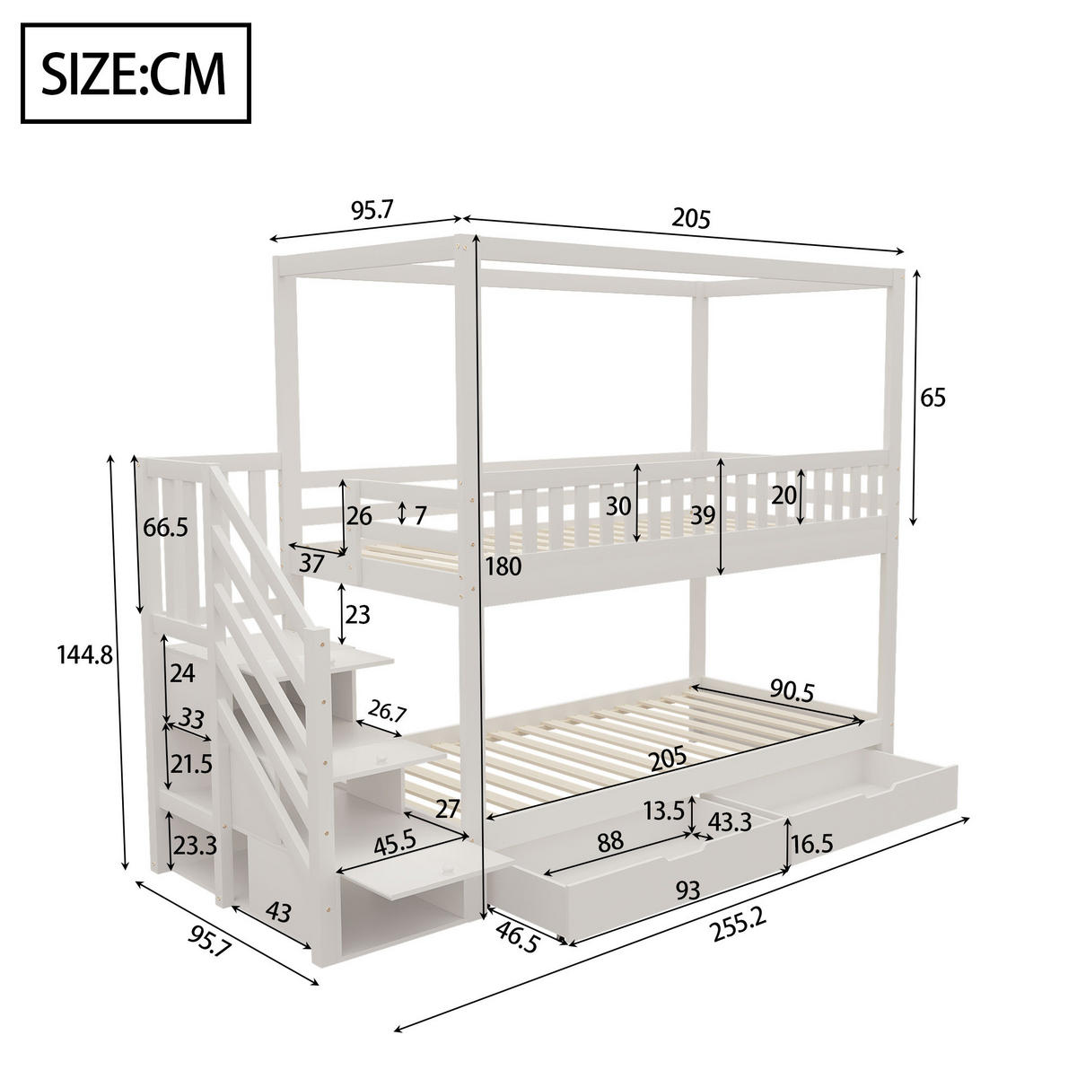 ETAGENBETT aus Massivholz 90x200 cm in Weiß mit Stauraum & Sicherheitsleiter - Weiß, Holz (90/200cm) - Modfu