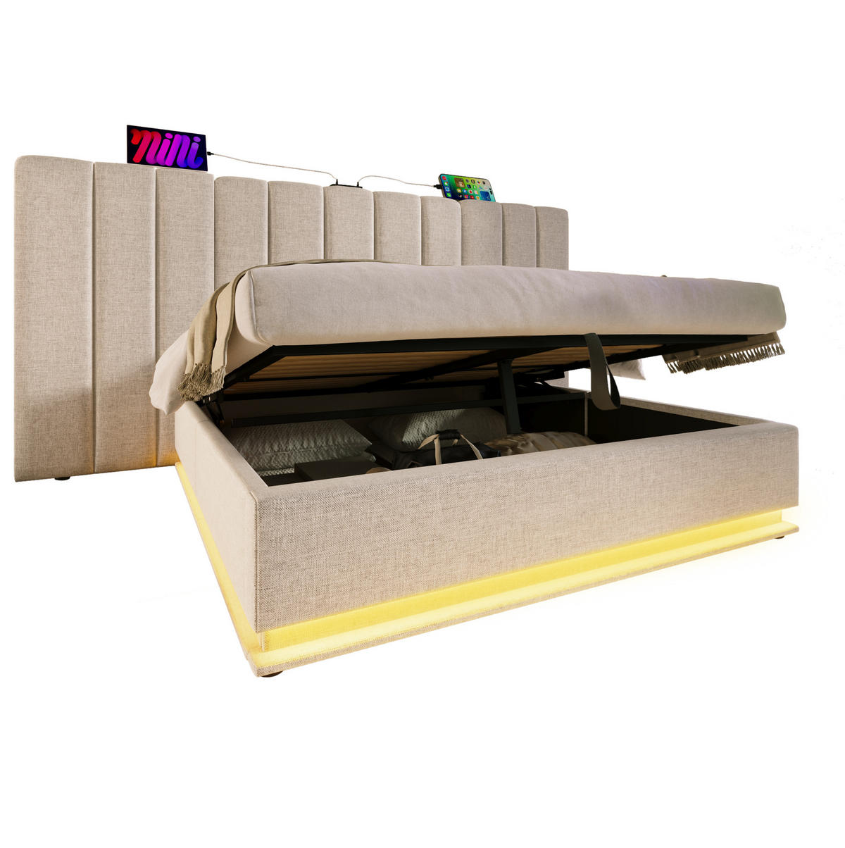 POLSTERBETT aus Leinen 180x200 cm Beige mit Bettkasten, LED-Beleuchtung, USB-C und 7-Zonen-Matratze - Beige, Textil (180/200cm) - IVMEU