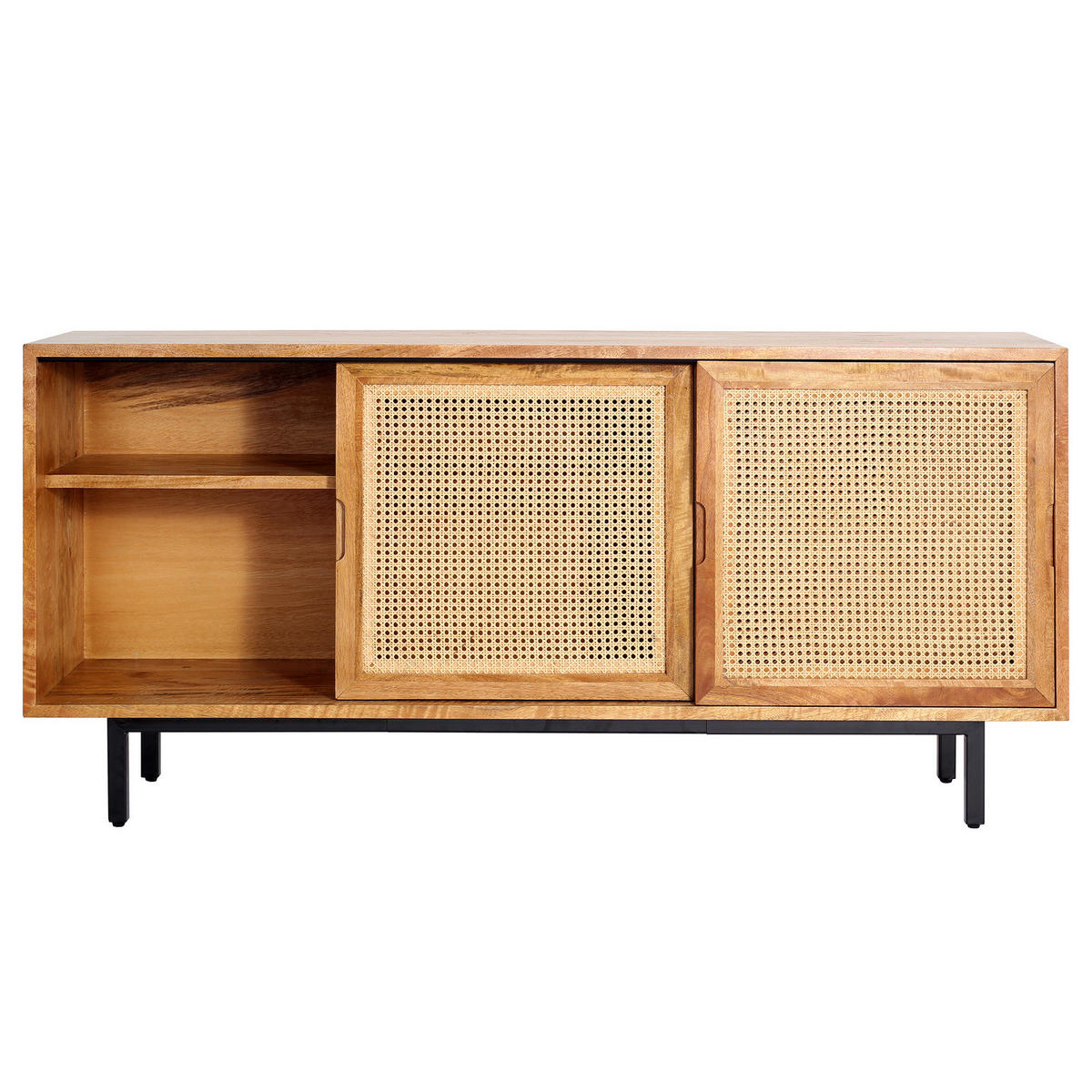 MASSIVES SIDEBOARD mit 3 Türen - Mango massiv / Wiener Geflecht - Mango / Beige - Braun, Naturmaterialien/Holz (160/75/43cm) - home24