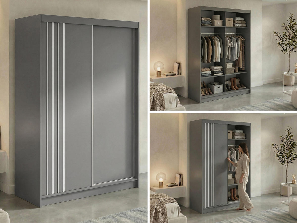 SCHWEBETÜRENSCHRANK mit Lamellen NAURU - 150 - Grau und Weiß - Alufarben/Weiß, Holzwerkstoff/Metall (150/216/61cm) - MKS
