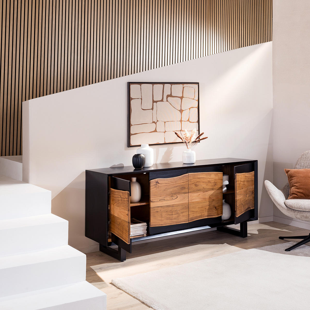 MASSIVES SIDEBOARD - Akazie / Akazie Schwarz - Braun, Holz (168/76/41cm) - home24