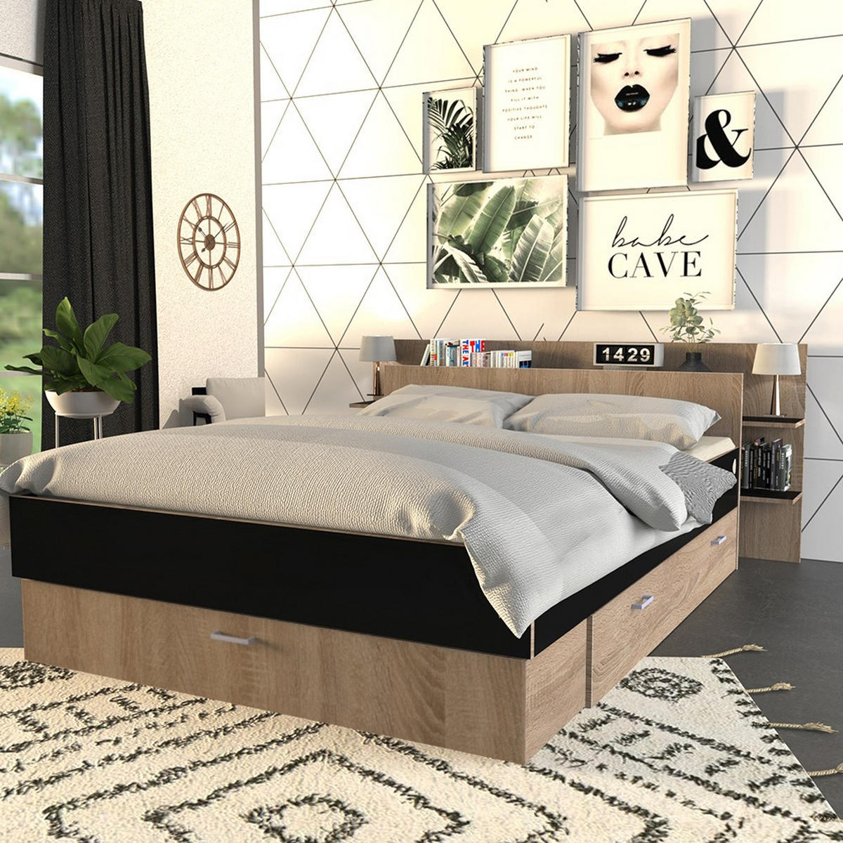 BETT SAMBA mit Schubladen / Bett 140x190 - Schwarz & gebleichte Eiche Dekor - Schwarz, Holzwerkstoff (140/190cm) - Weber Industries
