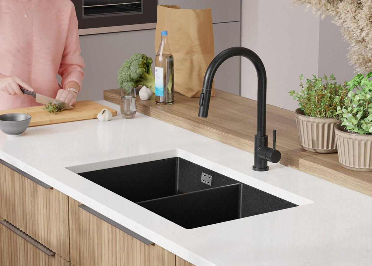 UNTERBAUSPÜLE GRANIT London Twin, 2-er set Anthrazit 76/47 cm 2 Becken + Ablauf-Set ab 80er Unterschrank - Chromfarben/Anthrazit, Kunststoff (76/20/47cm) - Primagran