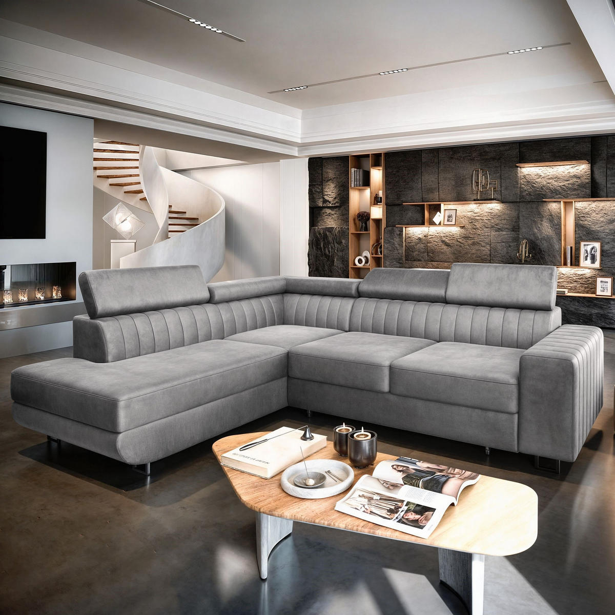 ECKSOFA NOLA L-S Hellgrau Velours-Stoff mit Schlaffunktion - Hellgrau, Holz (253/190cm) - MASSENO