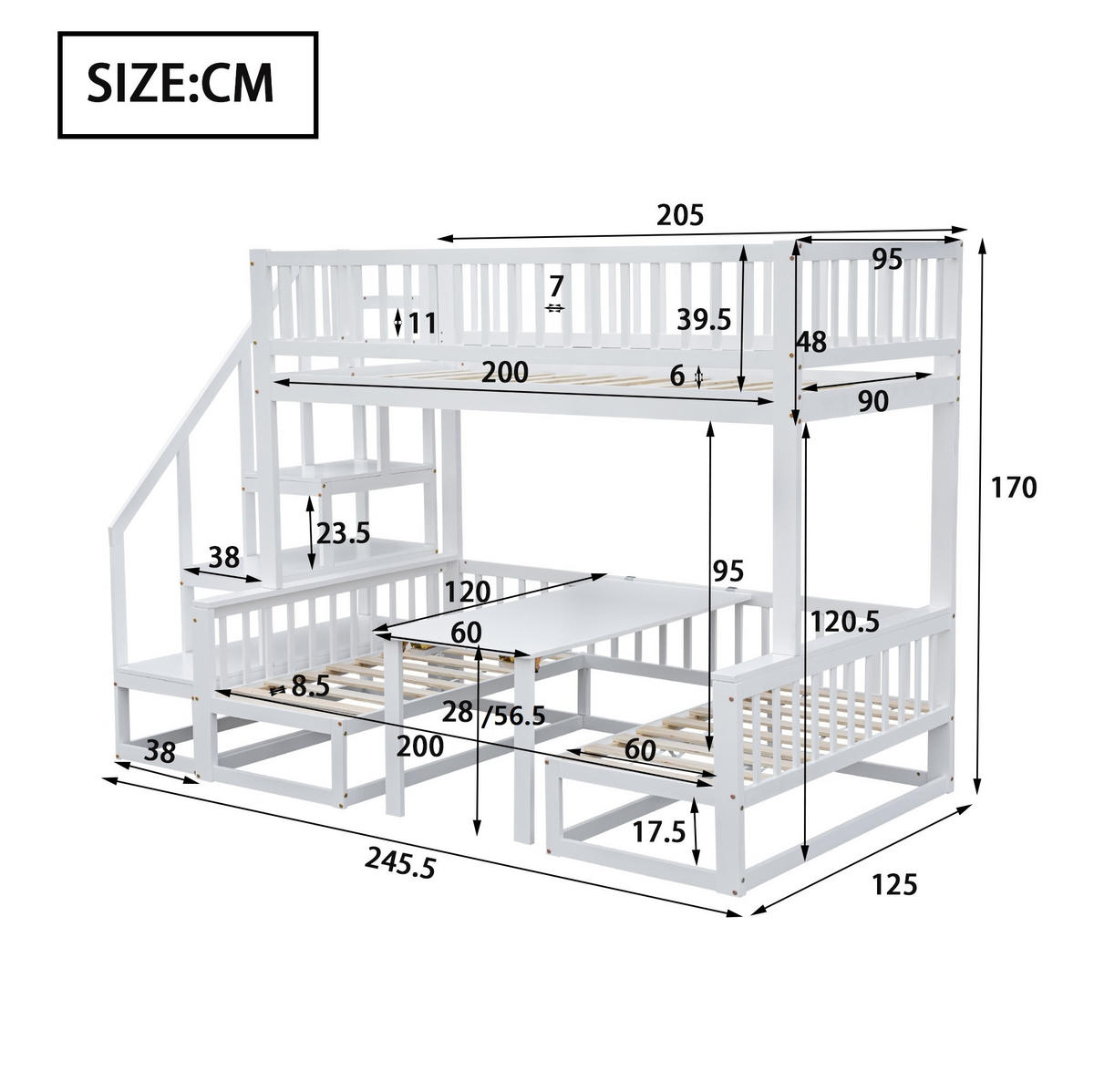 ETAGENBETT 90/200 cm Weiß mit Treppe und verstellbarem Tisch aus Kiefernholz - Weiß, Holzwerkstoff (90/200cm) - OKWISH