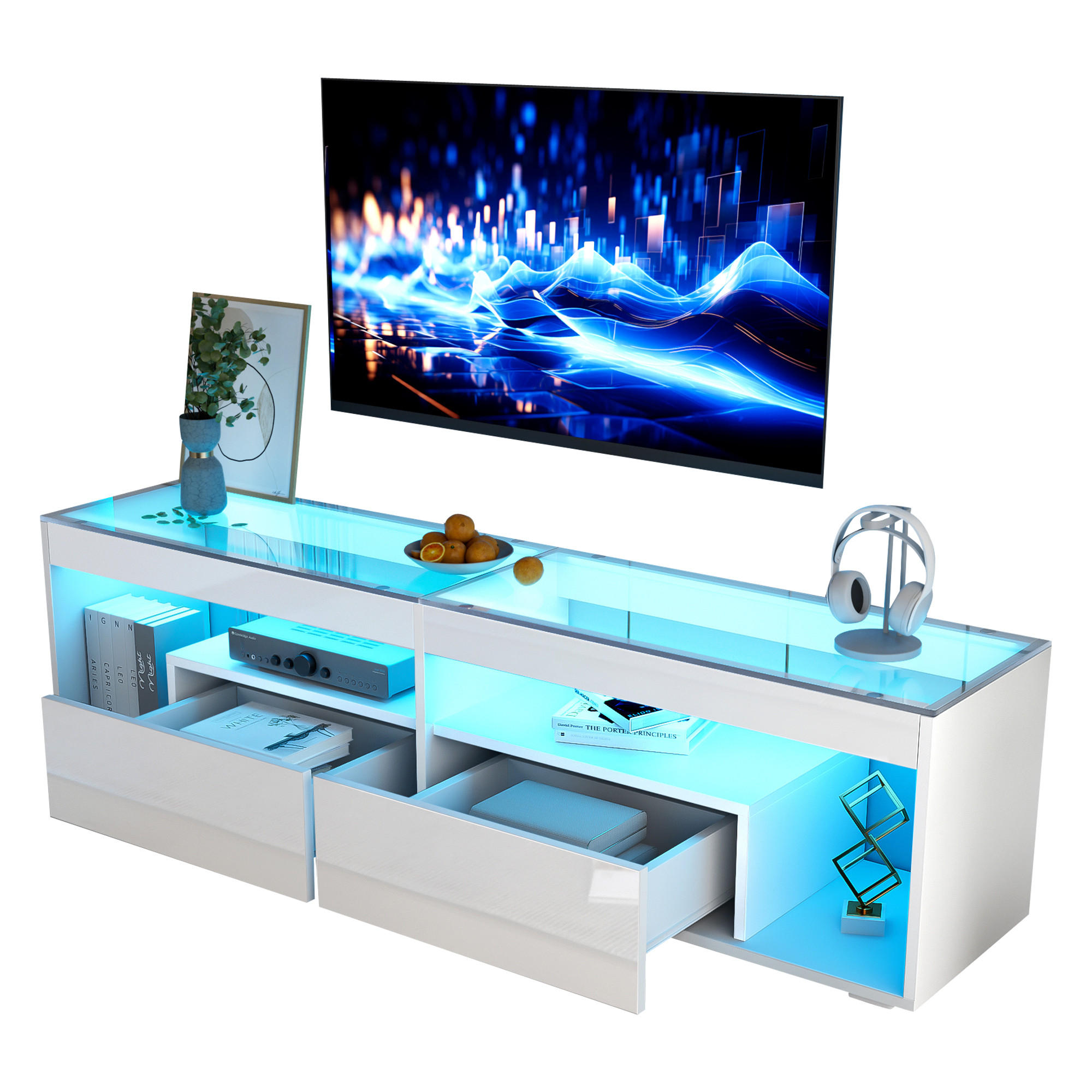 TV-SCHRANK Weiß mit gehärtetem Glas und dimmbarer LED-Beleuchtung 180 × 40 × 46 cm - Weiß, Holzwerkstoff (180/46/40cm) - Luhomfu