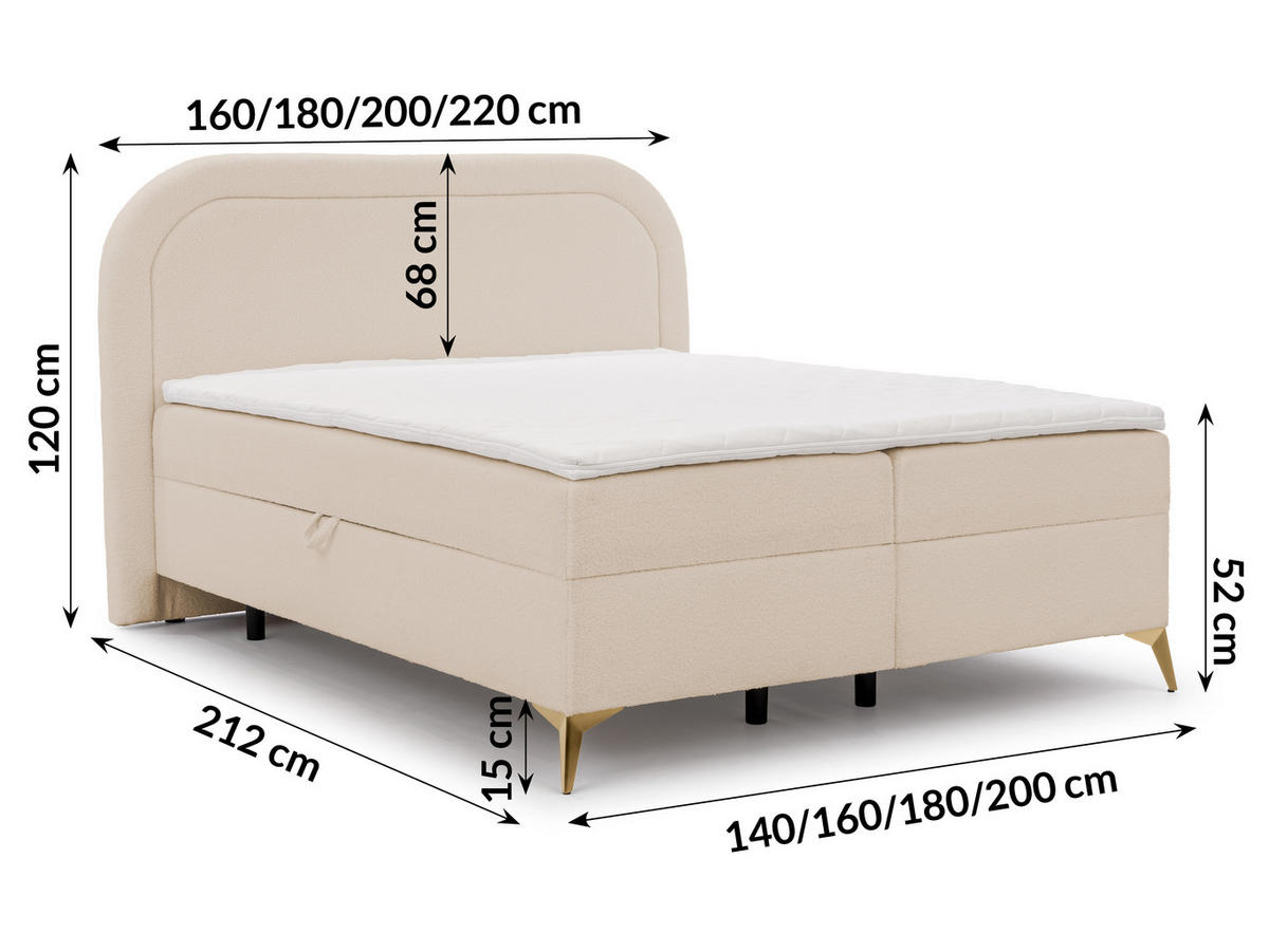 BOXBETT Sonna 180/200 cm Hellbeige Bouclé-Stoff mit abgerundetem Kopfteil und mit goldenen Metallfüßen - Beige/Goldfarben, Holz/Textil (180/200cm) - S-Style Möbel